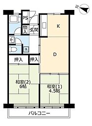 UR都市機構所沢パークタウン並木通り3号棟 2DKの間取図画像