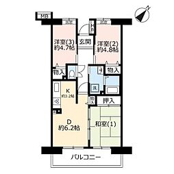 UR都市機構プラザシティ新所沢けやき通り13号棟 3DKの間取図画像