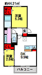 D-room新鳥栖B 1階2DKの間取り