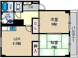 郡家シャトルマンション2 3階2LDKの間取り