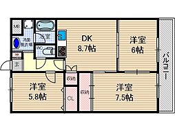 アルバ摂津 3DKの間取図画像