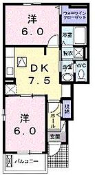 リバーサイド・三日月 1階2DKの間取り