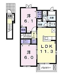 アンドーレ中道A 2階2LDKの間取り