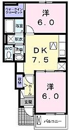 JadeHouse Ｂ 1階2DKの間取り