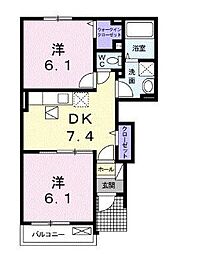 ブライト・デーアC 1階2DKの間取り