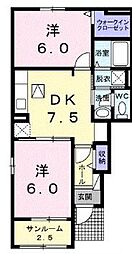 クラール土器西B 2DKの間取図画像
