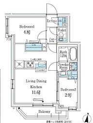 東京メトロ丸ノ内線 中野富士見町駅 徒歩3分の賃貸マンション 4階2LDKの間取り