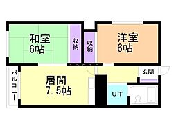 北都ハイツ 2DKの間取図画像