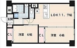 エバーグリーン新御堂 2LDKの間取図画像
