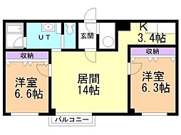 カトレアハイツ 2LDKの間取図画像