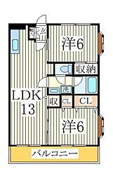 明原サンハイツ 2階2LDKの間取り