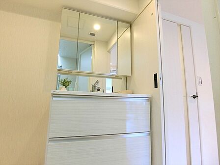 収納豊富で使い勝手の良い3面鏡付きの洗面台。忙しい準備の時間も快適に行えます。