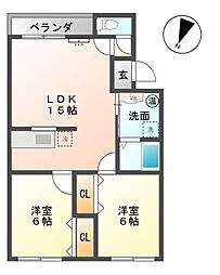 Mハイツ日の出2 2LDKの間取図画像
