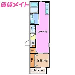 LECOCON四日市VIII 3階1LDKの間取り