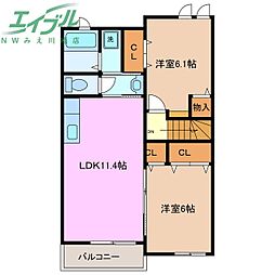 シェル　ラシーヌI 2階2LDKの間取り