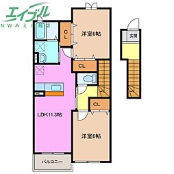 フォレスト　ハナミズキＢ 2階2LDKの間取り