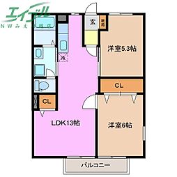 ウォーター・バレータウンB 2LDKの間取図画像