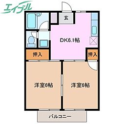 シティーハイツ黒宮 2DKの間取図画像