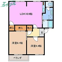グランシャリオ日永西　A棟 2階2LDKの間取り