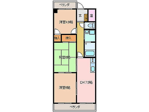 エクセル中川原(1丁目) 1A｜三重県四日市市中川原１丁目(賃貸マンション3DK・1階・57.68㎡)の写真 その2