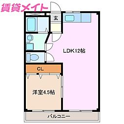 サンハイム宮西 1LDKの間取図画像