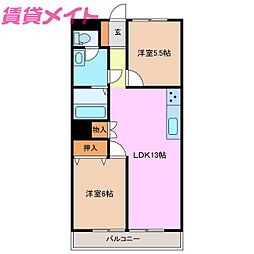 近鉄鈴鹿線 平田町駅 徒歩13分の賃貸マンション 4階2LDKの間取り