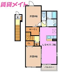 近鉄鈴鹿線 平田町駅 徒歩19分の賃貸アパート 2階2LDKの間取り