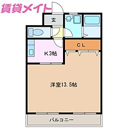 JR関西本線 井田川駅 徒歩12分の賃貸マンション 2階1Kの間取り