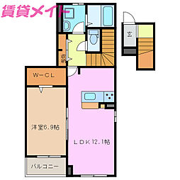 近鉄鈴鹿線 三日市駅 徒歩15分の賃貸アパート 2階1LDKの間取り