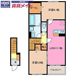 ガーデン一身田 2階2LDKの間取り