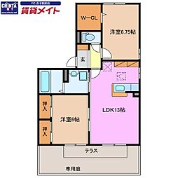 グリーンヒル高岡台A棟 2LDKの間取図画像