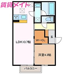 鈴鹿市須賀3丁目アパート 1LDKの間取図画像