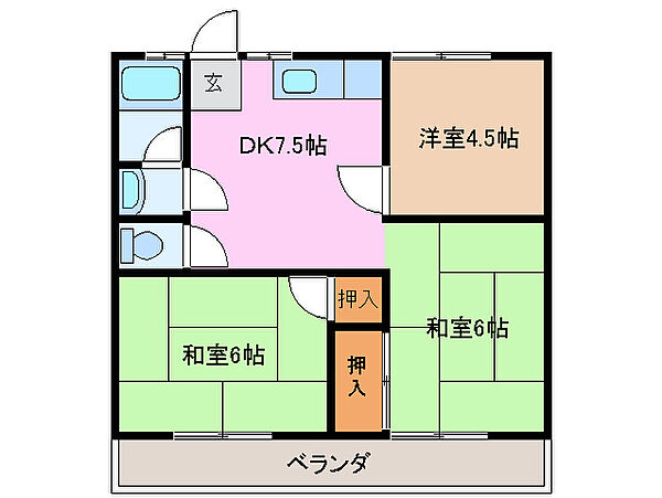 里の上ハイツ 205｜三重県津市高茶屋５丁目(賃貸アパート3DK・2階・45.86㎡)の写真 その2