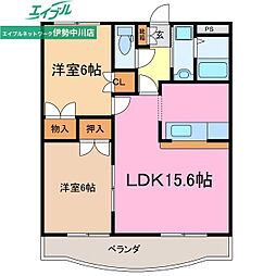 プロミネント伊勢中川II 1階2LDKの間取り