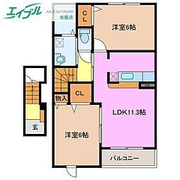 ヴィア・ラッティア　II 2階2LDKの間取り