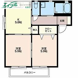 アクアガーデン Ａ 2階2Kの間取り