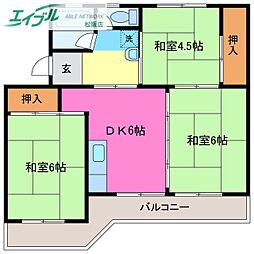 ビレッジハウス井村2号棟 3DKの間取図画像