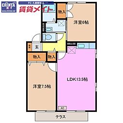 近鉄名古屋線 伊勢中川駅 徒歩8分の賃貸アパート 1階2LDKの間取り