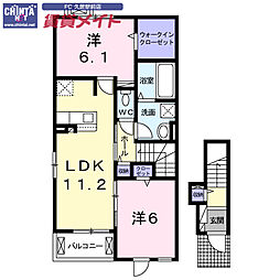 近鉄名古屋線 久居駅 徒歩12分の賃貸アパート 2階2LDKの間取り
