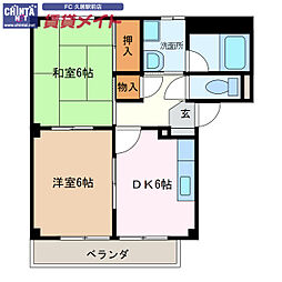 JR紀勢本線 高茶屋駅 徒歩13分の賃貸アパート 1階2DKの間取り