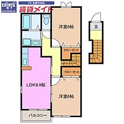 JR紀勢本線 六軒駅 徒歩14分の賃貸アパート 2階2LDKの間取り