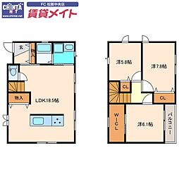 JR紀勢本線 松阪駅 徒歩33分の賃貸一戸建て 1階3LDKの間取り