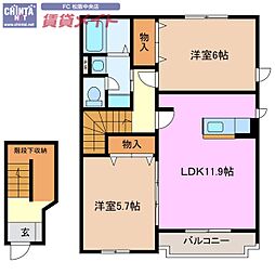 近鉄山田線 伊勢中川駅 徒歩9分の賃貸アパート 2階2LDKの間取り