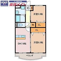 近鉄山田線 明野駅 徒歩8分の賃貸マンション 1階2DKの間取り
