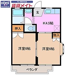 近鉄鳥羽線 五十鈴川駅 徒歩20分の賃貸マンション 2階2Kの間取り