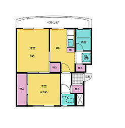 レジデンス高森 1階2DKの間取り
