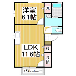 ヴィルヌーヴ清水C 1LDKの間取図画像