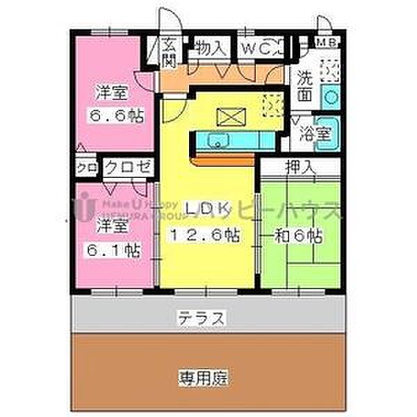 ピア白水ヶ丘 102｜福岡県春日市白水ヶ丘３丁目(賃貸マンション3LDK・1階・69.28㎡)の写真 その2