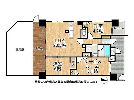 20帖超のLDKと広い専用庭、ポーチを備えた開放的な角住戸。