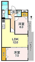 ウィステリアコート平野本町 2LDKの間取図画像
